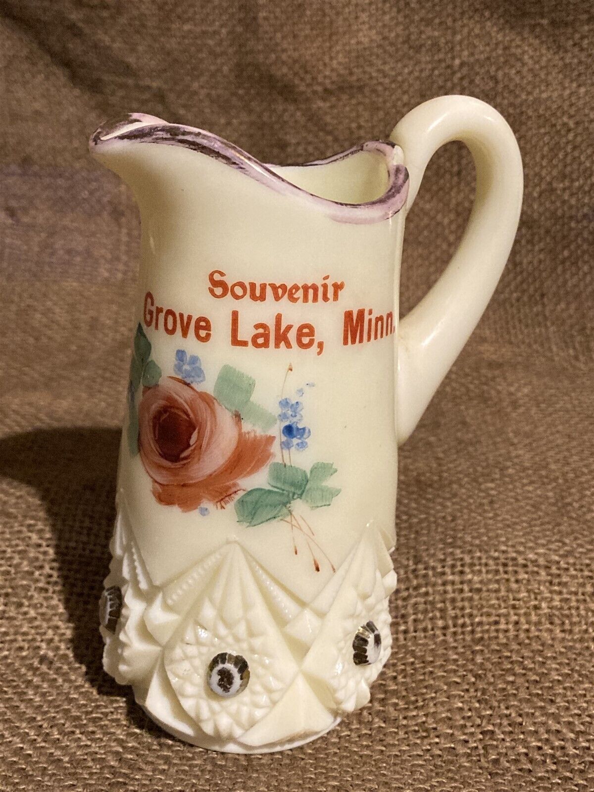 antique souvenir custard glass milk pitcher, Grove Lake, Minnesota