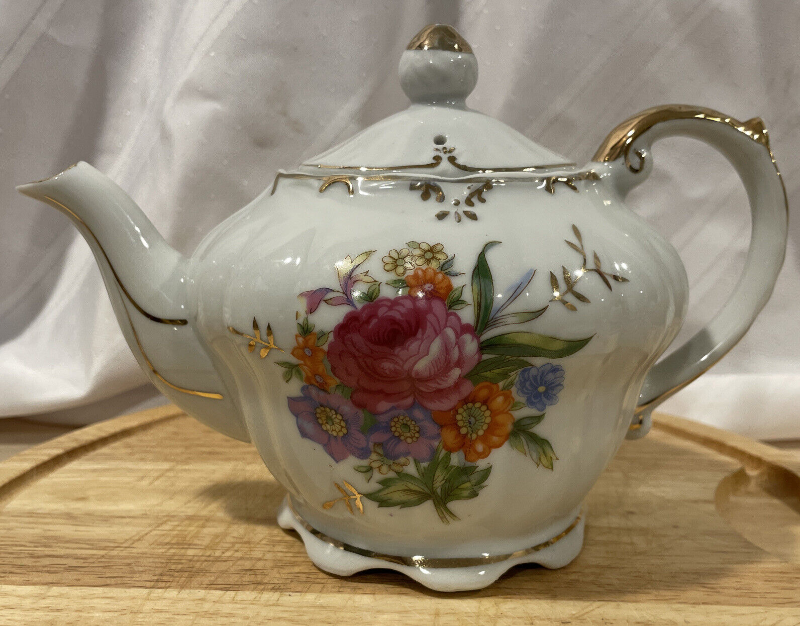 Vintage Musical Teapot with Flowers and Gold Trim