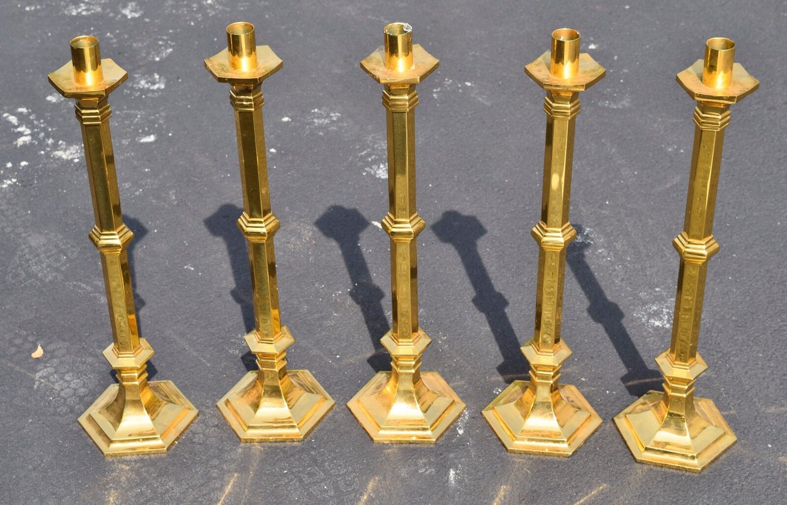 + Set of 5 Older Gold Plated Altar Candlesticks + 24 1/4\