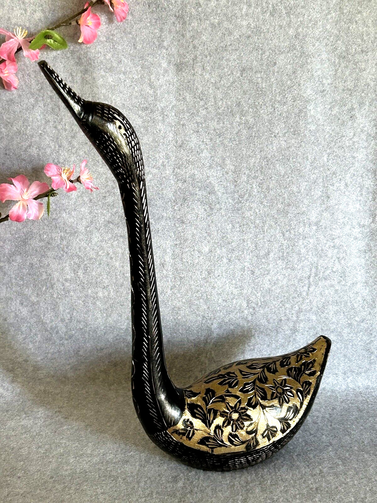 Vintage Brass Duck Swan Black with Gold Etched Floral 14