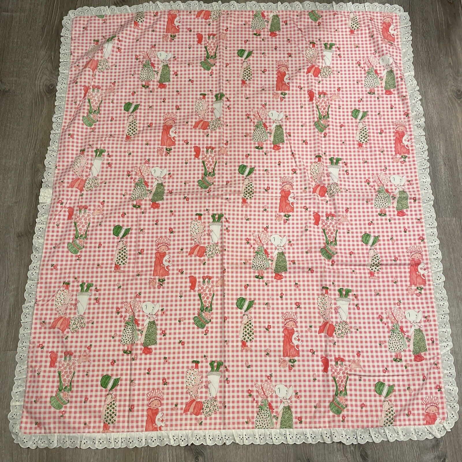 VTG 1970\'s Handmade HOLLY  HOBBIE Pink Gingham Coverlet Quilt Blanket 46”x 54”