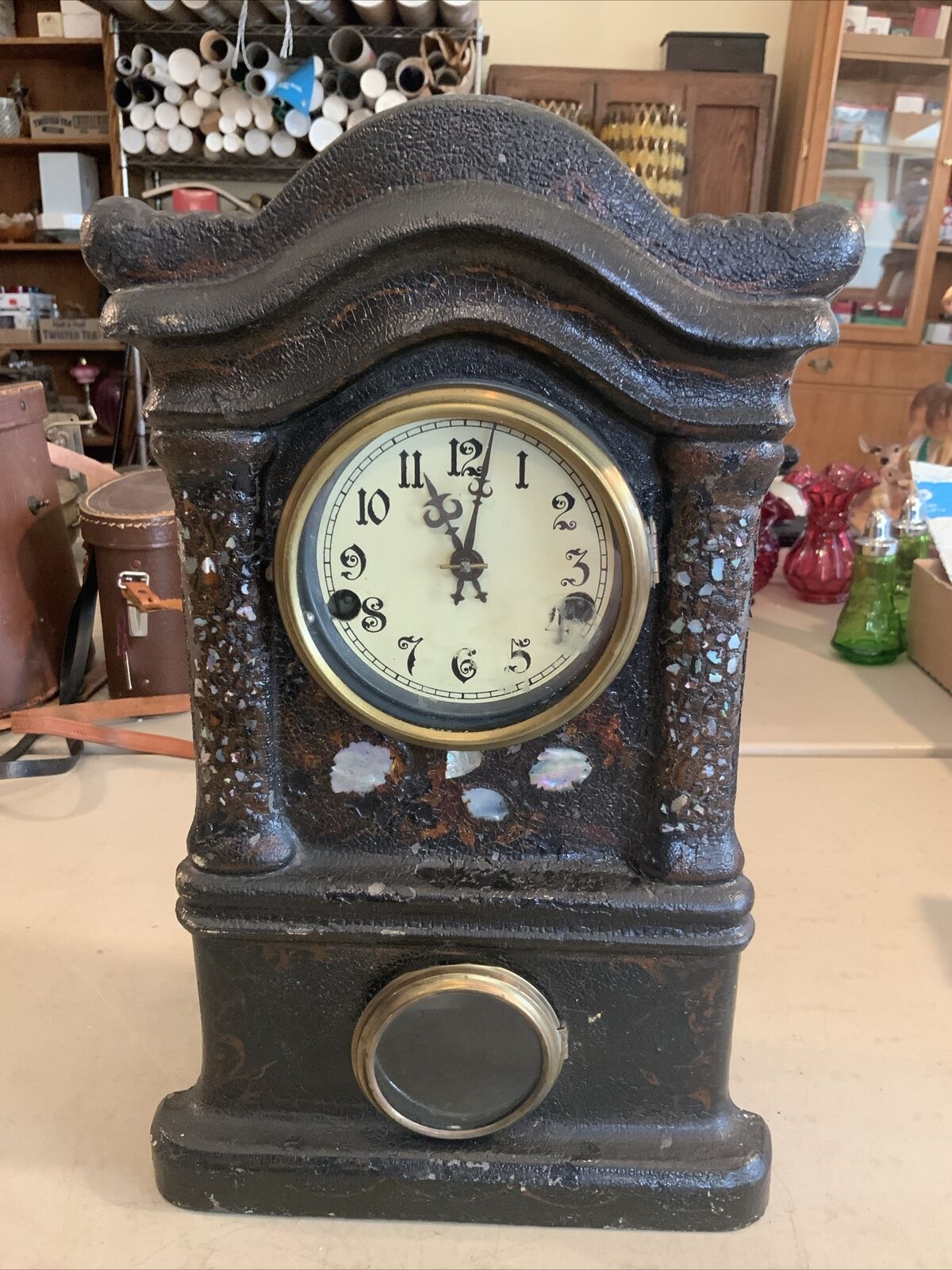 Vintage Antique A Caswell Cast Iron Front Mantel Clock w/ Mother of Pearl Inlay