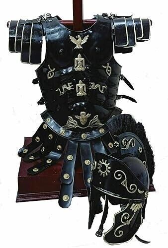 Medieval New Roman Centurion Helmet with Armor Muscle Jacket Black Set Costume