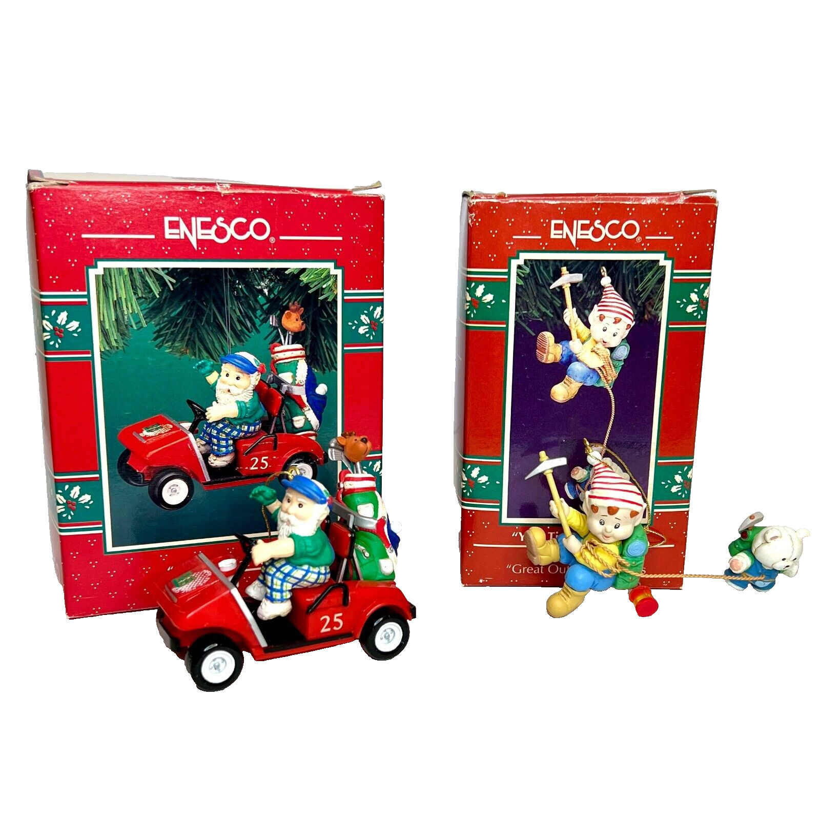 2 Vintage Enesco Christmas Ornament Santa Golfing 1994 & Yuletide Elf 1992 Boxes