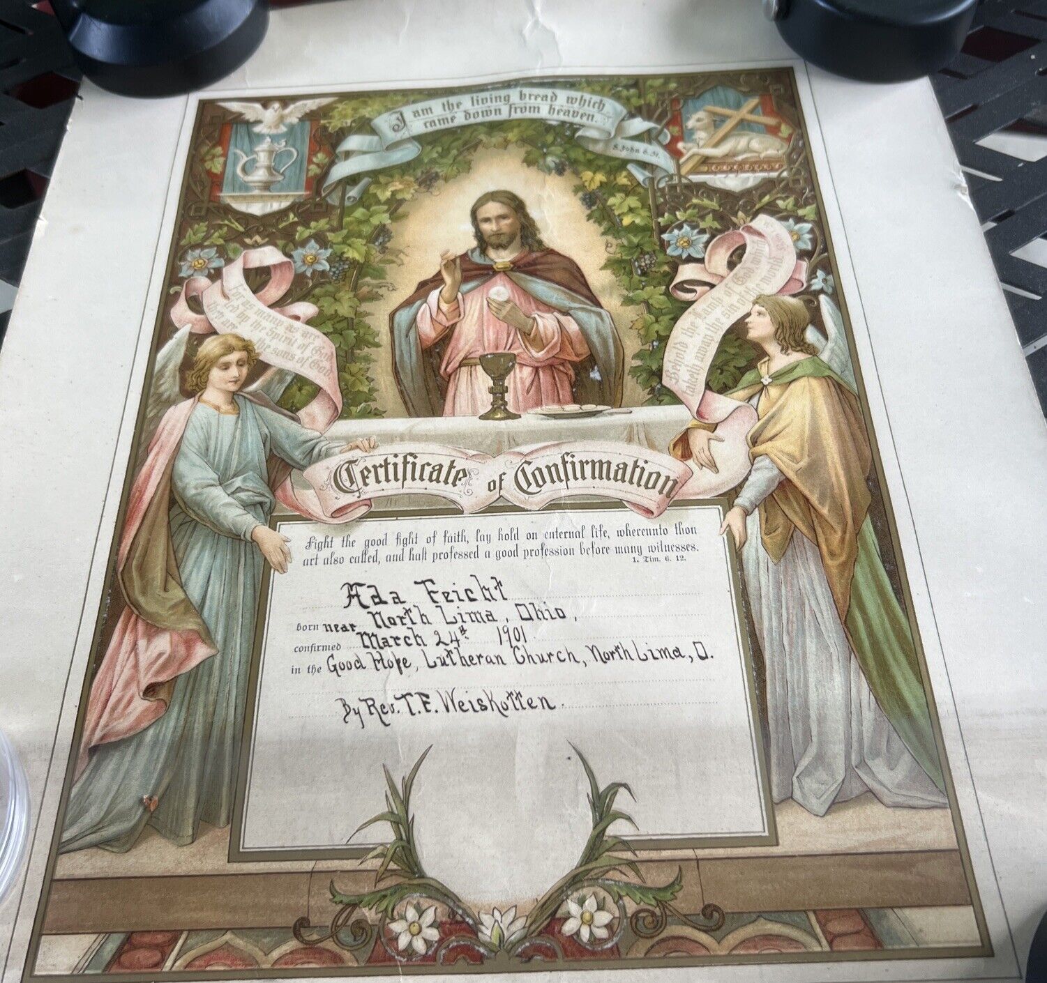 1901 Communion Confirmation Souvenir Certificate Distressed North Lima OHIO