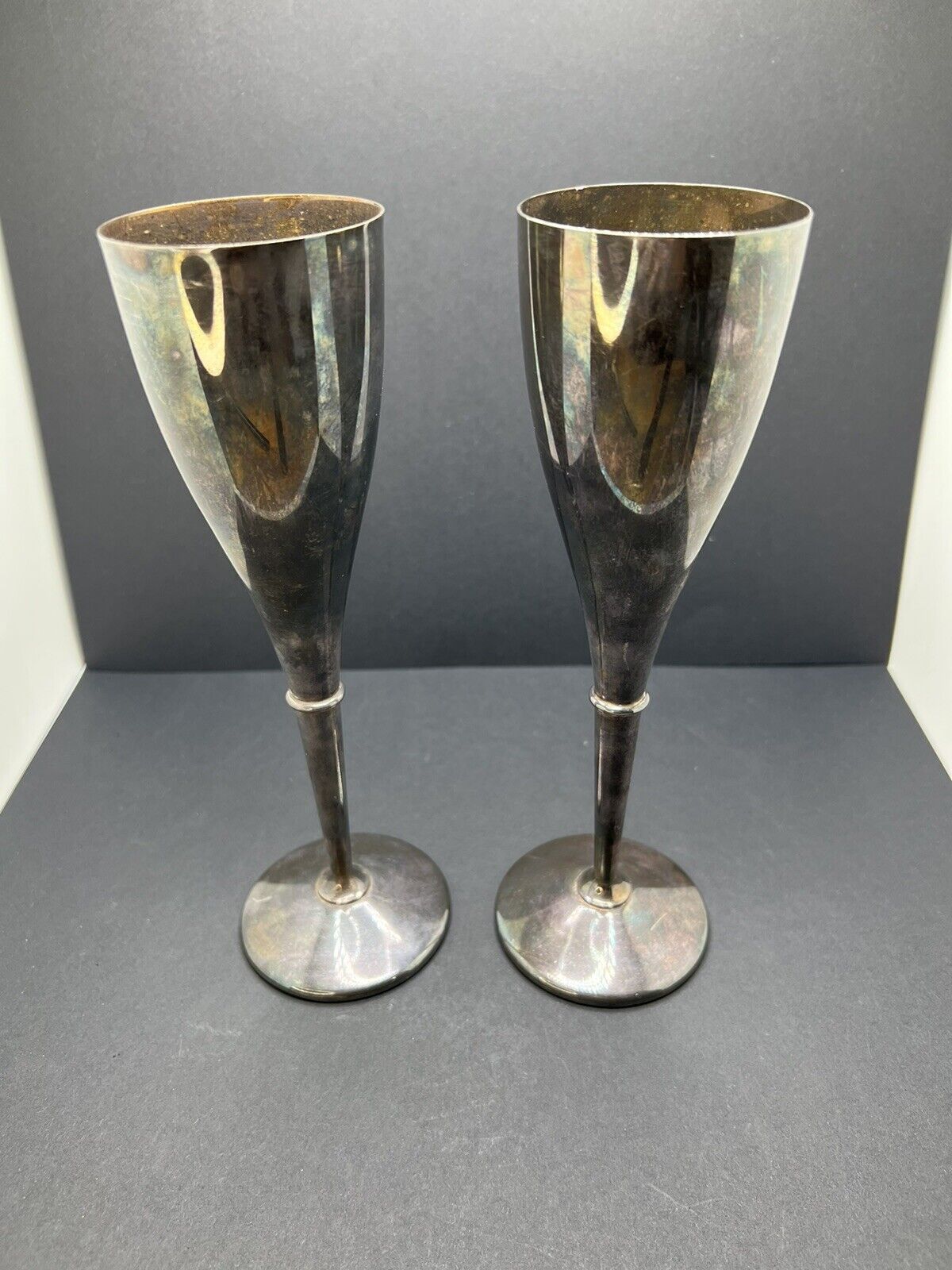 2 Kirk Stieff Silverplate Italy Goblets Glasses Beauttiful Toning 9” Tall