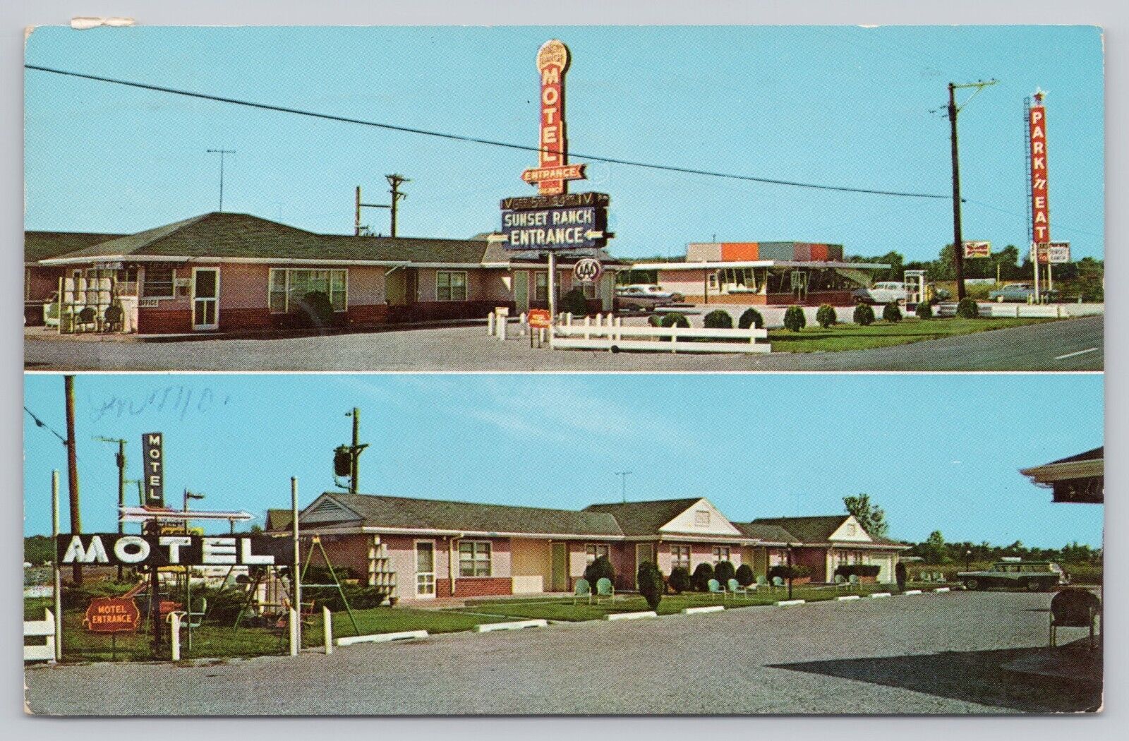 Fenton Missouri, Sunset Ranch Motel Restaurant Route 66 Advert, Vintage Postcard