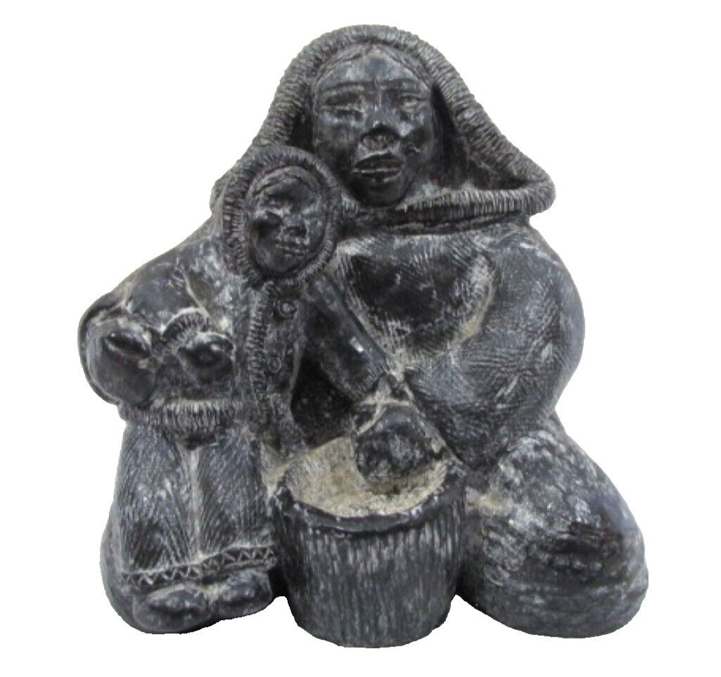 A Wolf Sculpture Original Eskimo Mother and Child Canada Figurine
