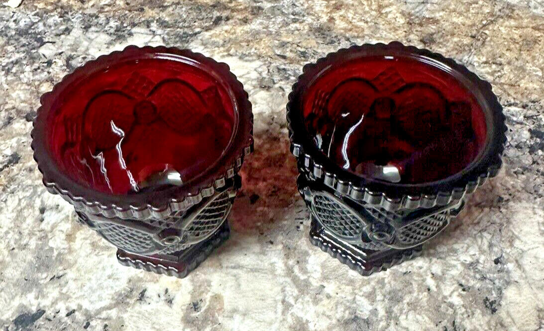 2 Vintage Avon 1876 Cape Cod Ruby Red Footed Pedestal Glass Candy Dish Bowl 6”