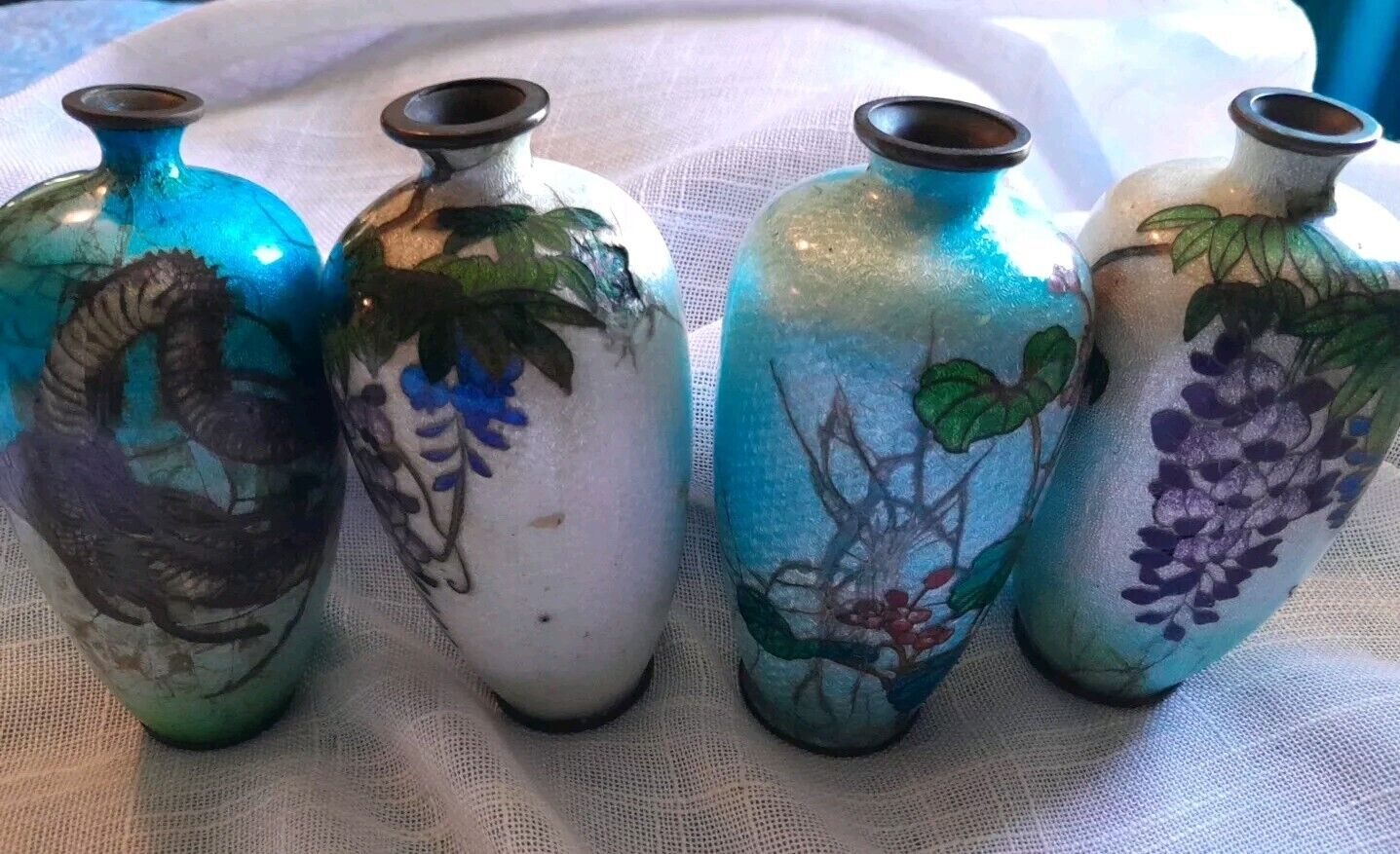 4 Asian Brass Cloissone Enamel Small Vases Vintage 2 Signed