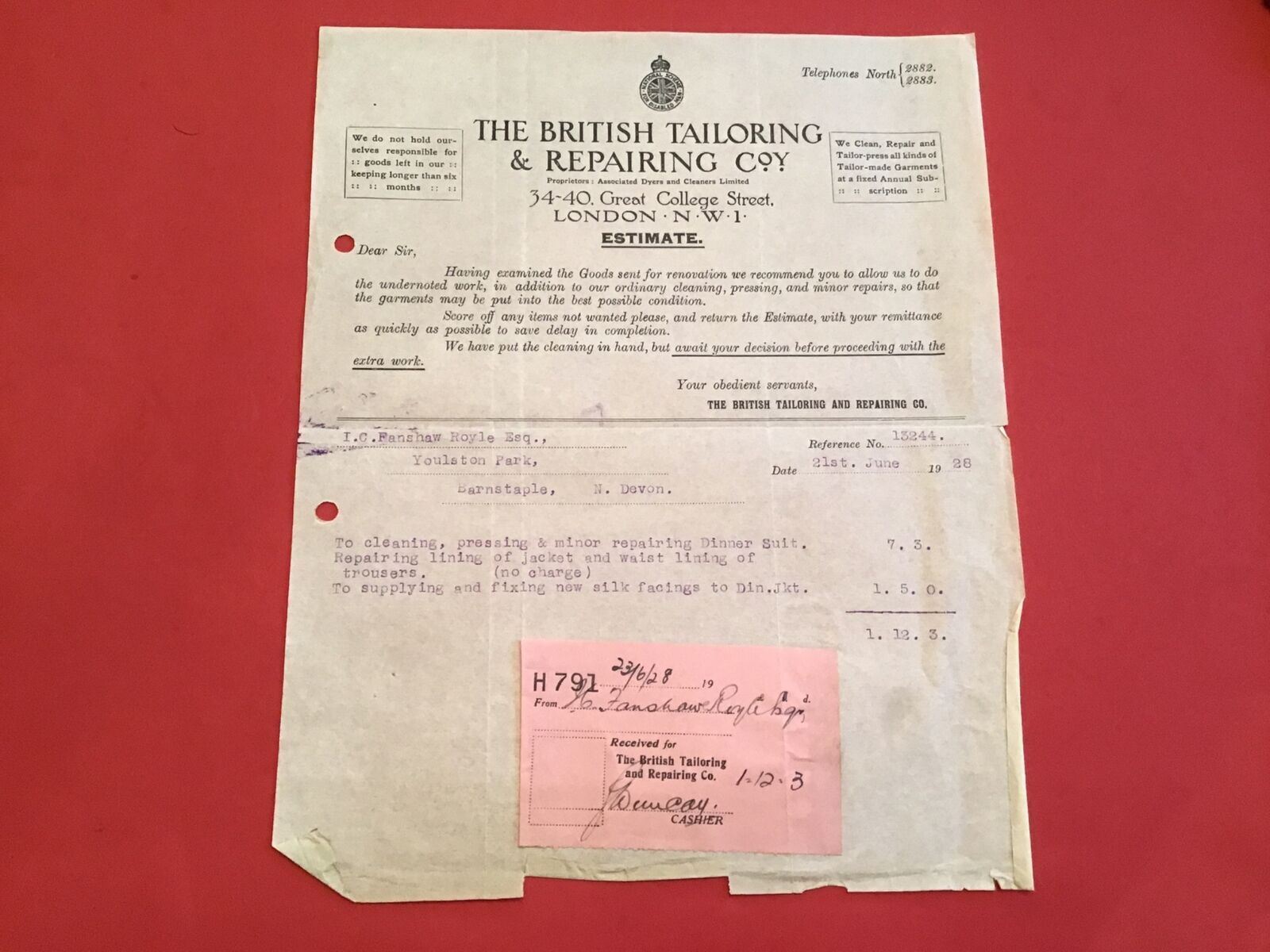 The British Tailoring & Repairing Co 1928 London   receipt R35093