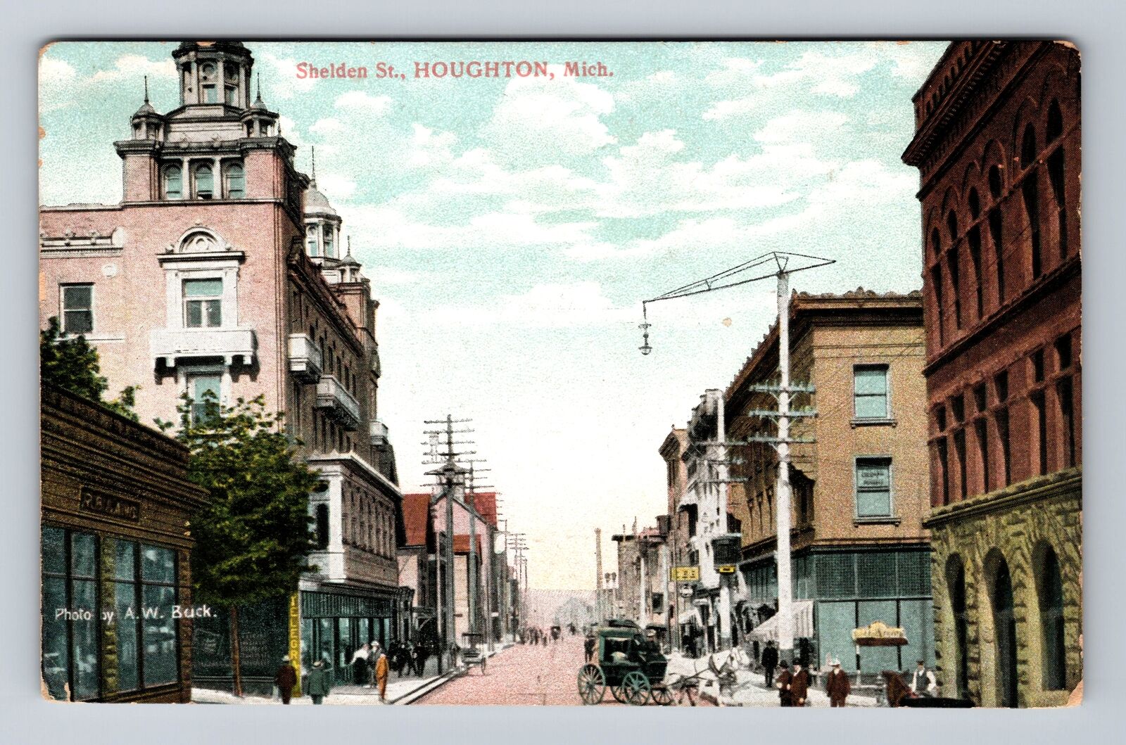 Houghton MI-Michigan, Shelden Street, Antique, Souvenir, Vintage Postcard
