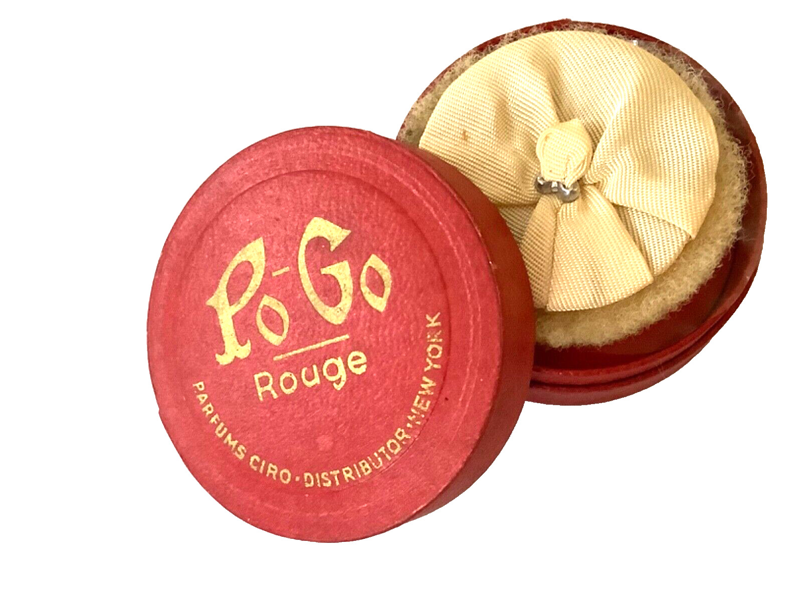 1930 💋 PO GO “Cardinal” ROUGE POWDER BOX & PUFF PARFUM CIRO Antique💋 NOS 1930s