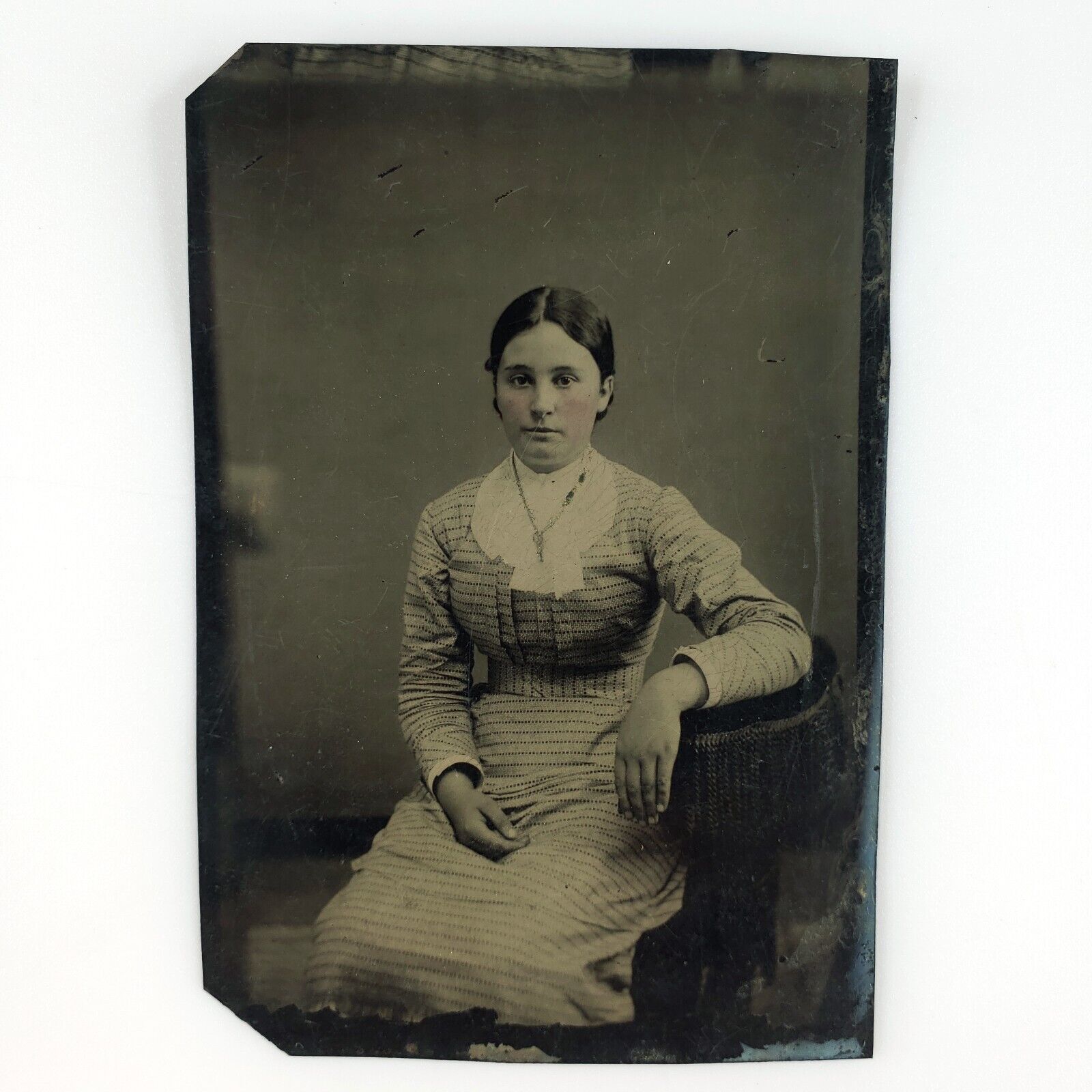 Seated Girl Photographer's Chair Tintype c1870 Antique 1/6 Plate Photo B2844