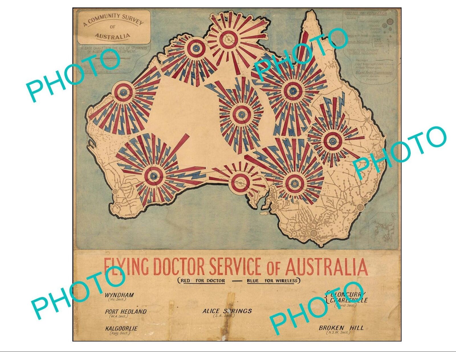 LARGE A3 HISTORIC PRINT OF ROYAL AUSTRALIAN FLYING DOCTORS SERVICE MAP c1940