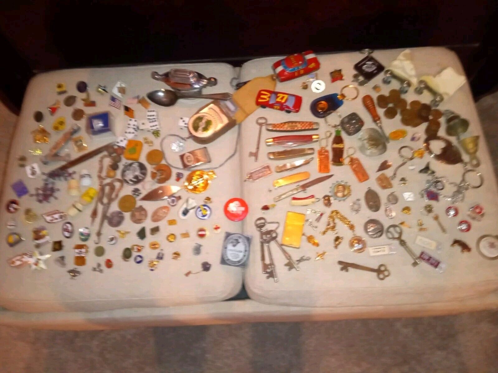 Vintage Junk Drawer Lot Wheat Pennies Knives Pins Backs Marbles Collectibles