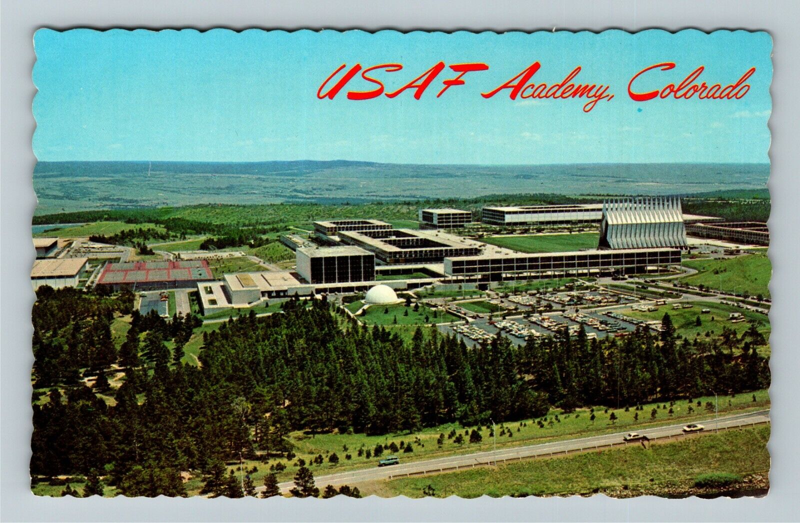 U.S.A.F Academy CO-Colorado, Aerial View Academic Area, Vintage Postcard