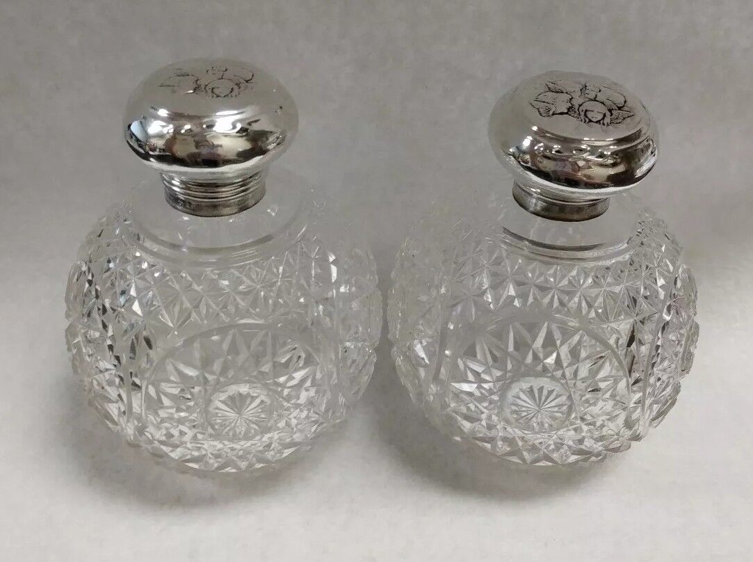 Pair of 1905 Henry Matthews Cherub Sterling Silver & Cut Glass Perfume Bottles