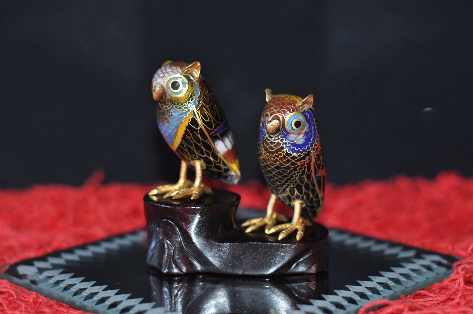 Fabulous Pair of Miniature Cloisonne Owls on a Stand - 5cm Tall