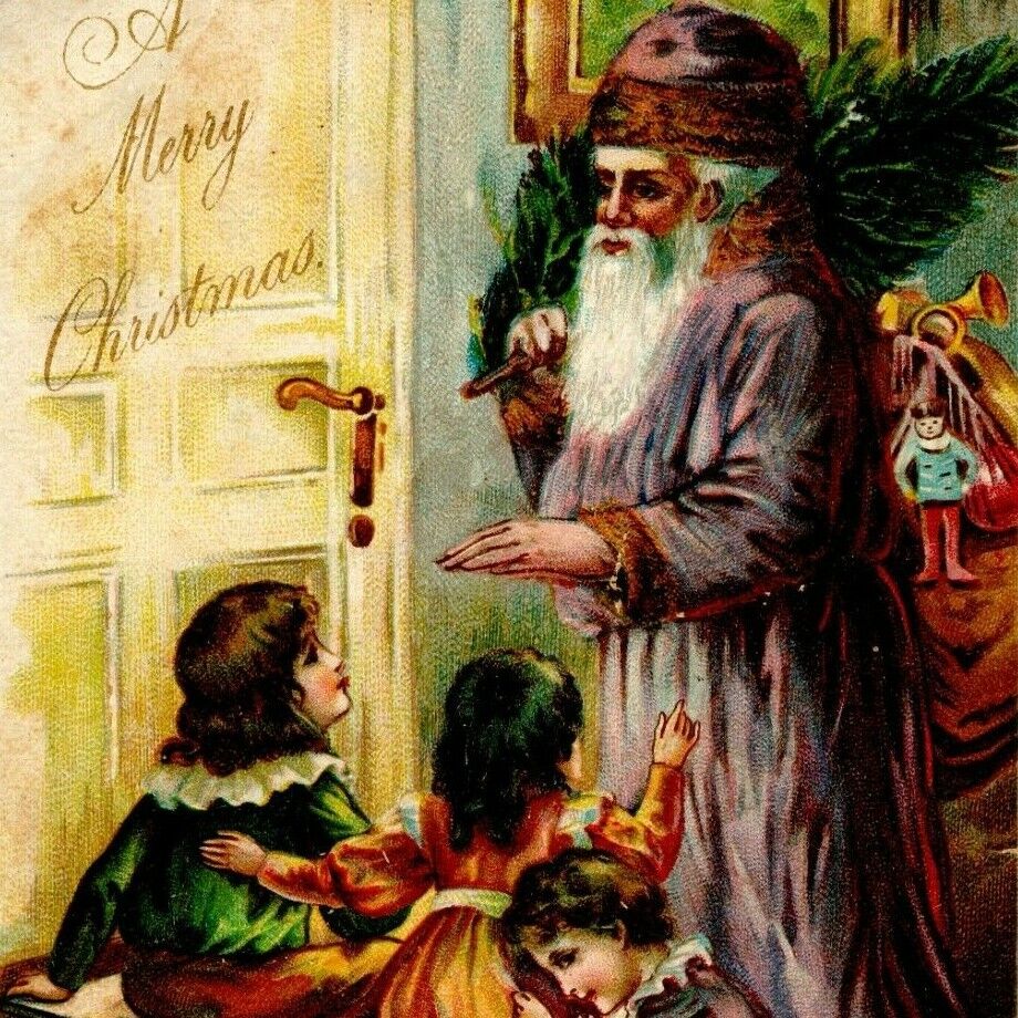 Antique Merry Christmas Postcard Santa w/ Tree Greeting Children Purple Robe