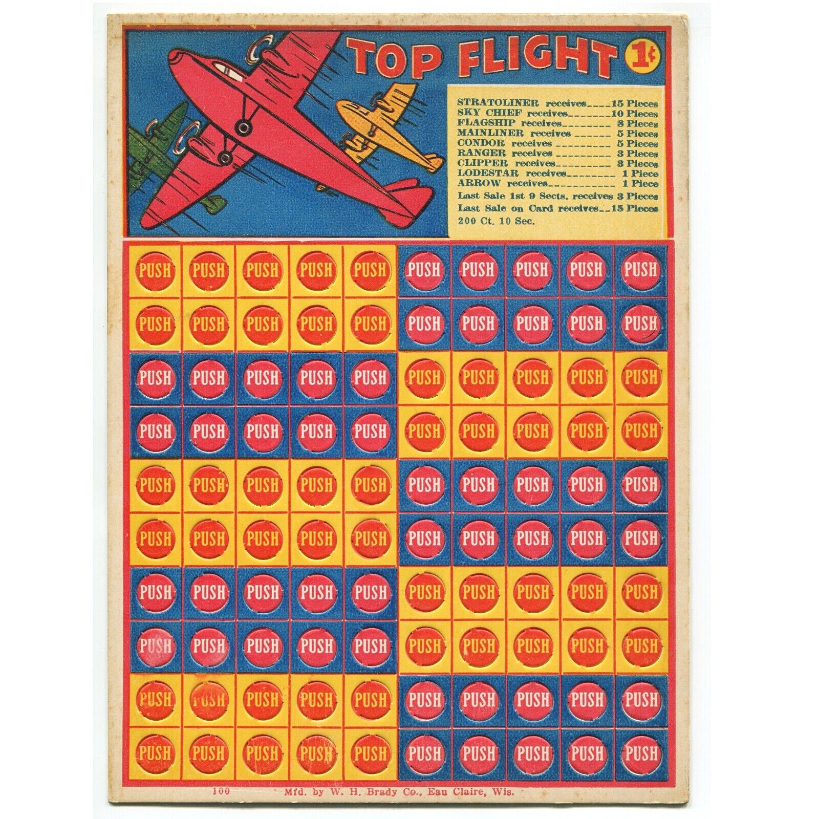 Top Flight Punch Card Game Vintage 1930s W.H. Brady Penny Gambling Planes Unused