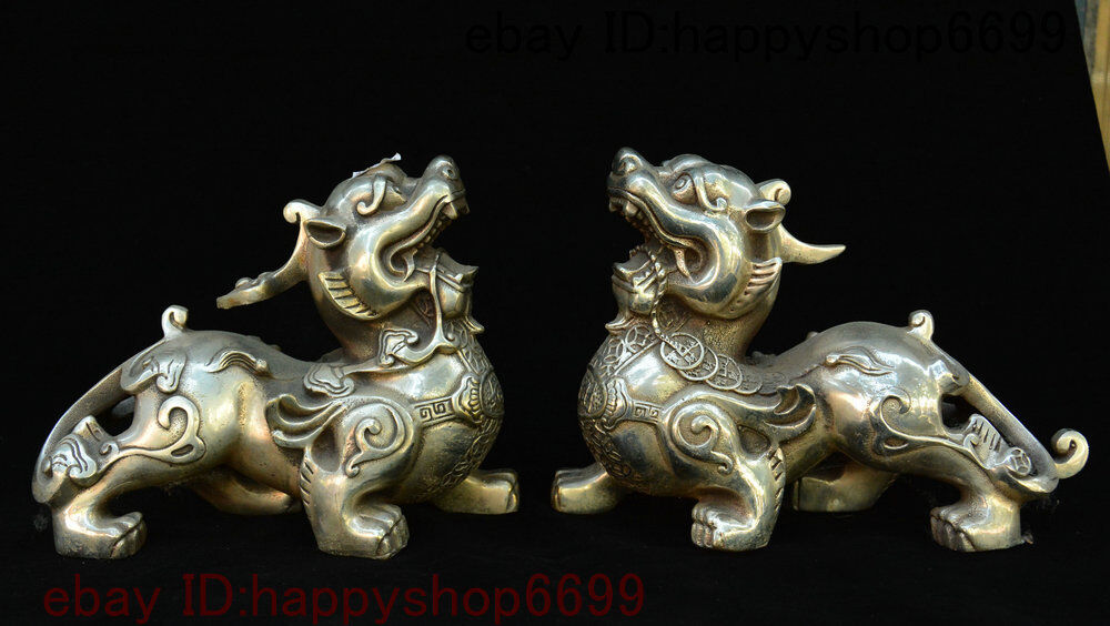 7 China Silver Fengshui Pixiu Brave troops Unicorn Beast Coin Wealth Statue Pair