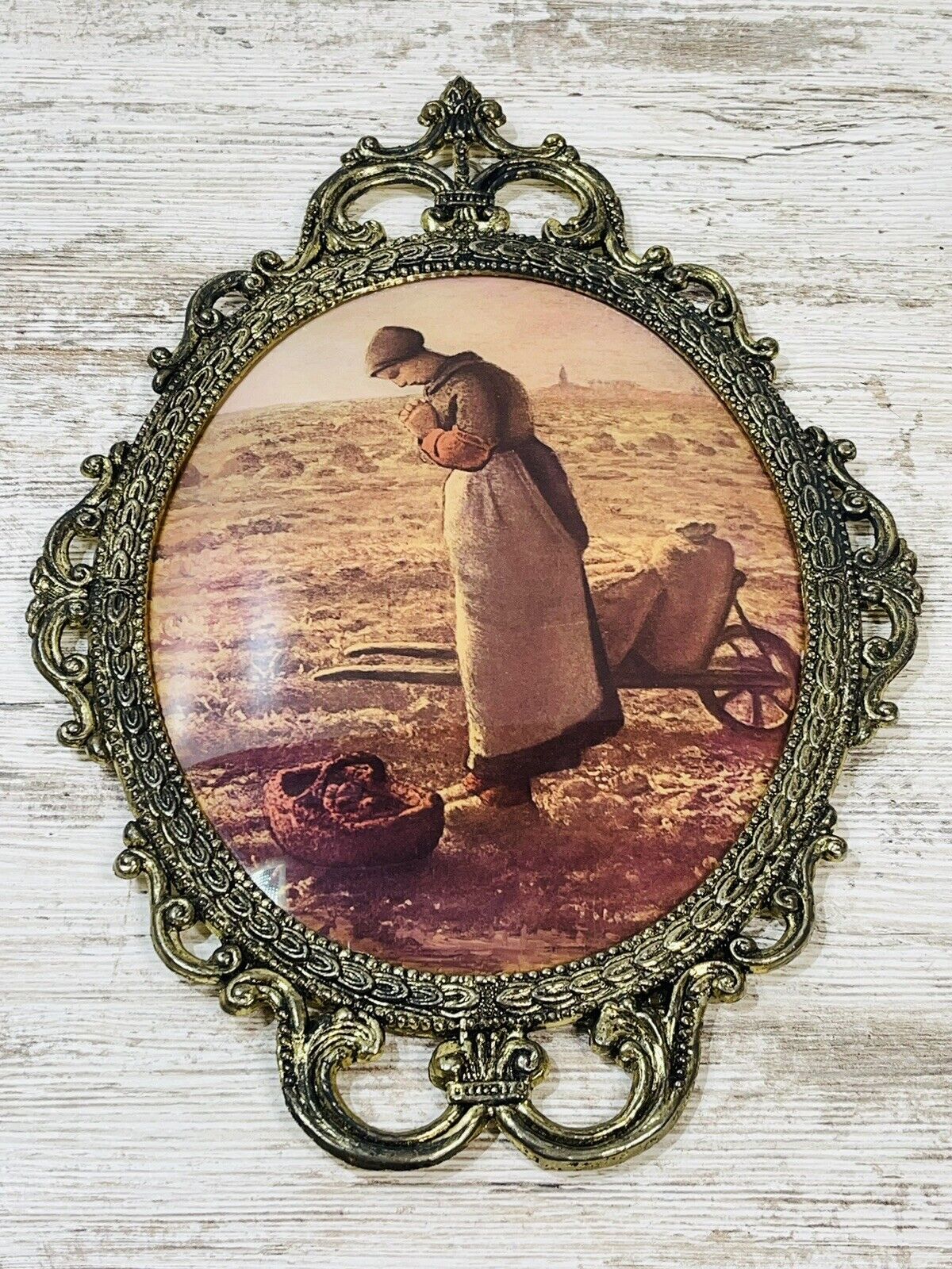 VTG Ornate Metal Brass Picture Frame Convex Bubble Glass Farmer The Angelus 17\