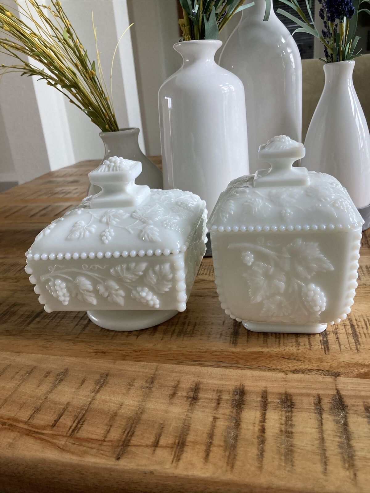 Set of VTG WESTMORELAND White Milk Glass Trinket Candy Pedestal Dishes Grapevine