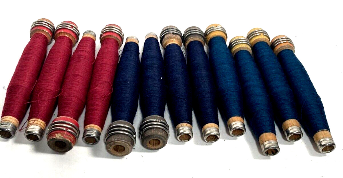 Wood Quills Wooden Bobbins Thread Wrapped Spool Threaded Textile Factory Lot-12: