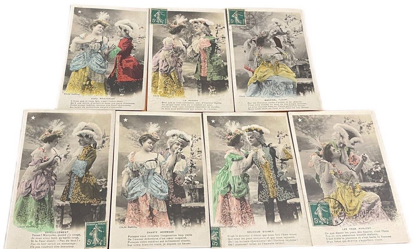 Set 7 old postcards french theatre glamour costumes marquis cliche Stebbing 1907