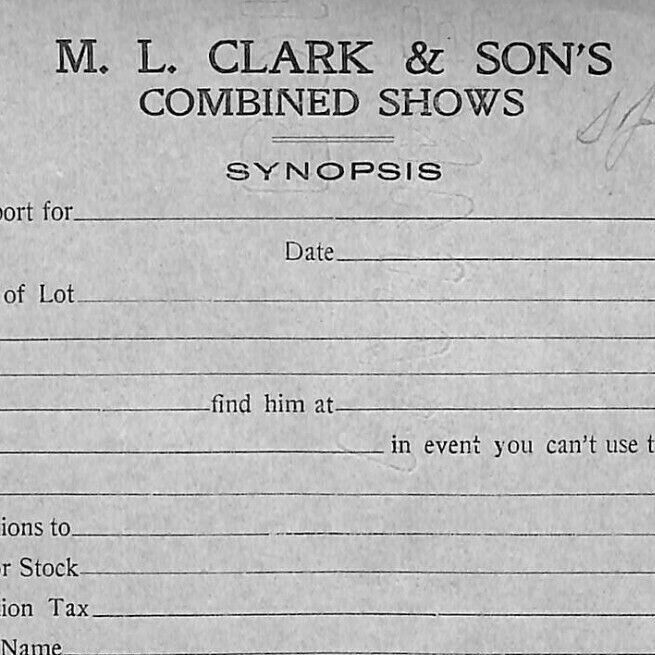 Scarce c1920\'s M.L. Clark & Son\'s Combined Shows Circus Unused Synopsis Form