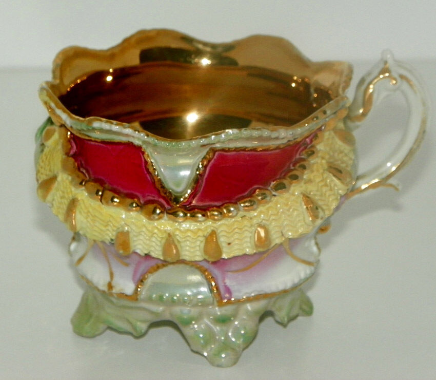 Tea cup Lustreware Embossed Four Footed Ornate Heavy Gold Trim Estate Find