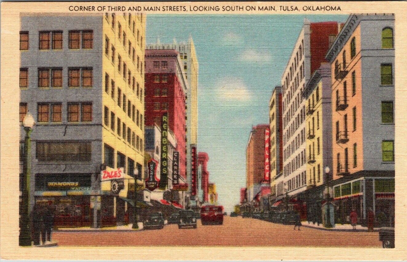 Post Card Tulsa Oklahoma Corner Of Main & Third Looking South Linen Card 1930-45