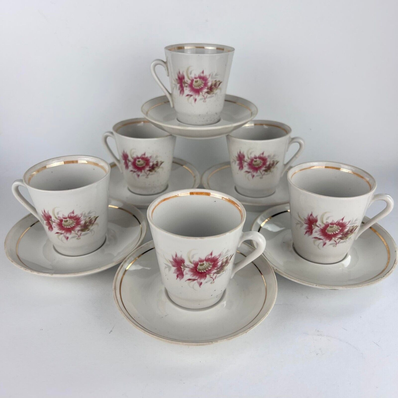 Tea Cups Set Vintage White 6pcs Handmade Porcelain Floral Ussr Drink Collectible