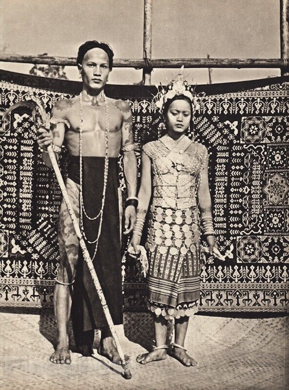 1940 KF WONG Vintage BORNEO Wedding Iban Couple Fashion Jewelry Photo Art 12x16