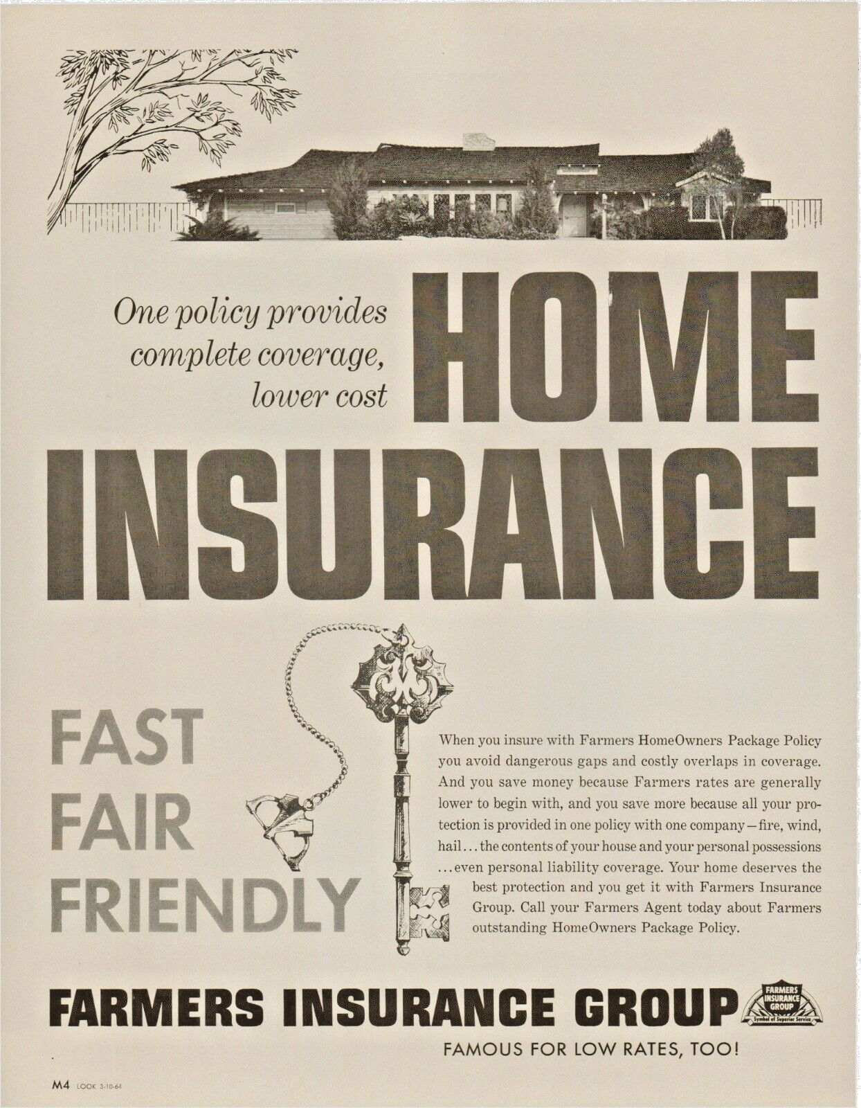 1964 Farmers Insurance Group Home Insurance, Falstaff Beer Double Sided Print Ad