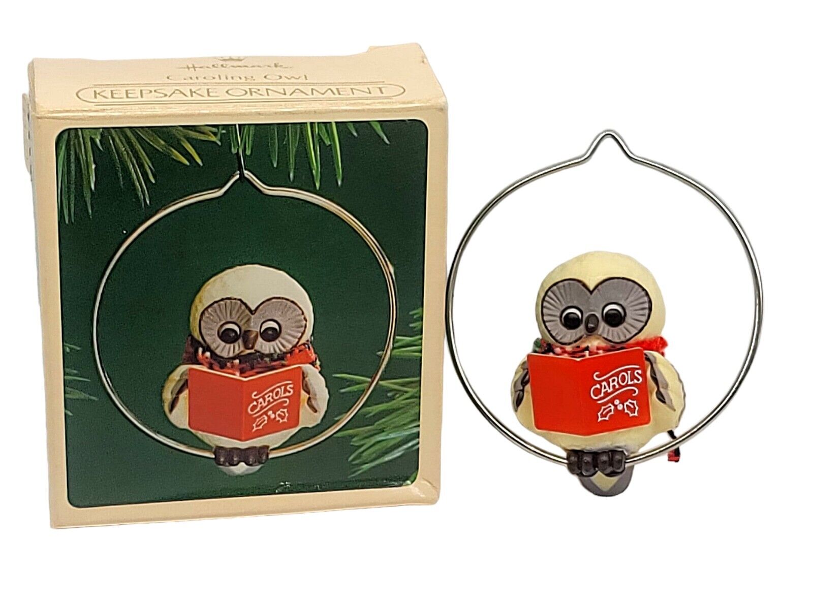 Vintage 1983 Hallmark Caroling Owl  Keepsake Christmas Ornament Perched On Ring 