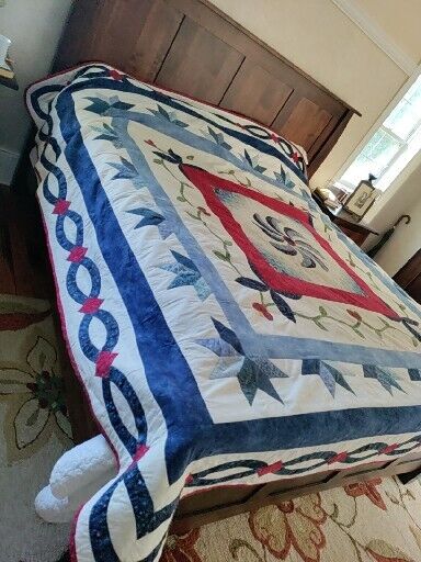 Handmade king Queen Country Quilt one of kind Warm Red White Blue 100x100\
