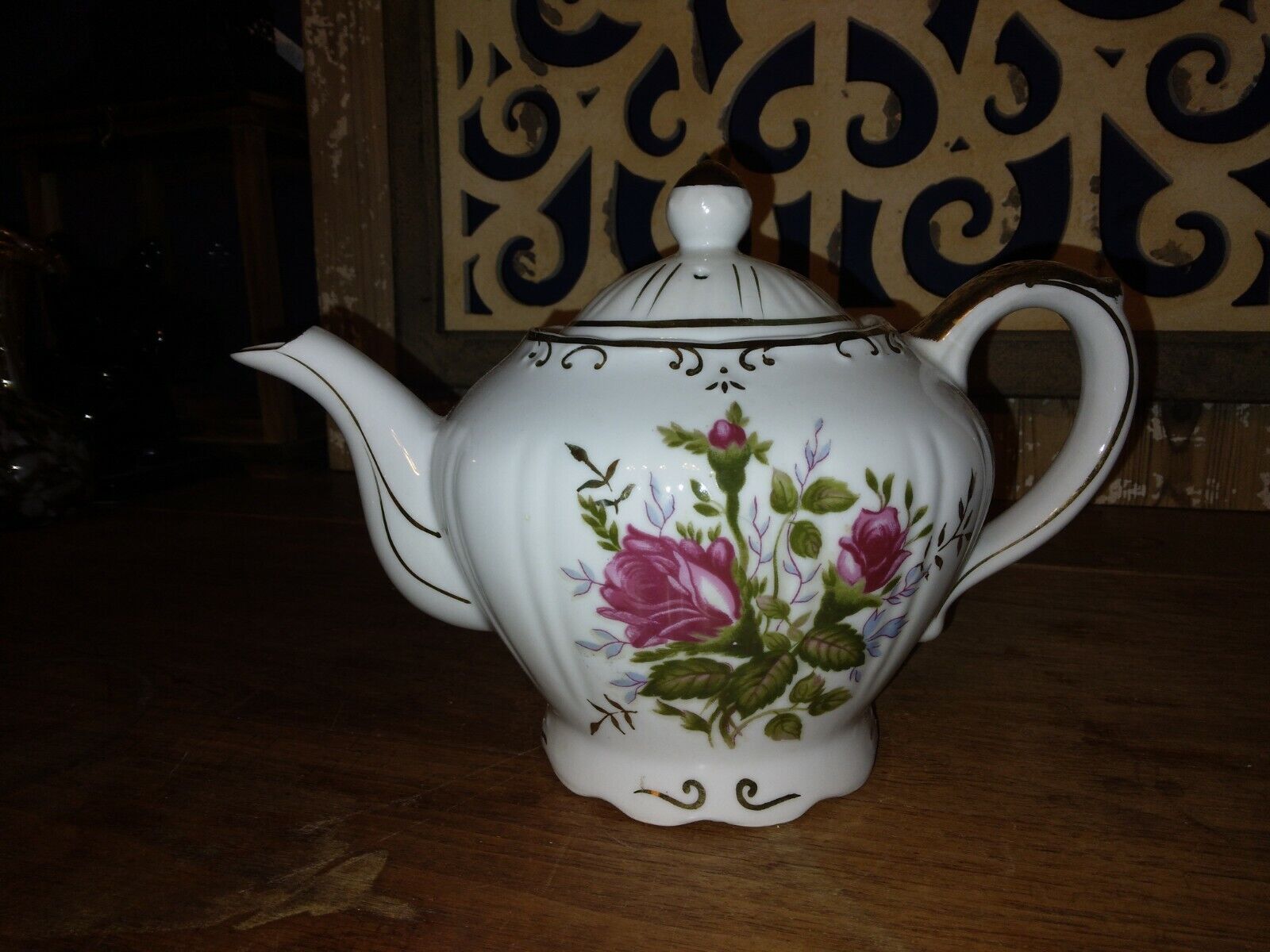 Vintage Porcelain Musical Teapot White Pink Rose Gold Trim 