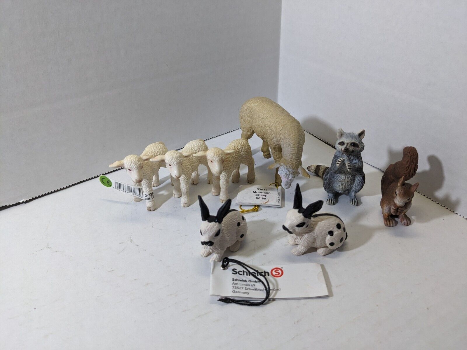 Schleich Lot of 8 Animal Toy Figures Sheep Lambs Bunnies Squirrel Raccoon