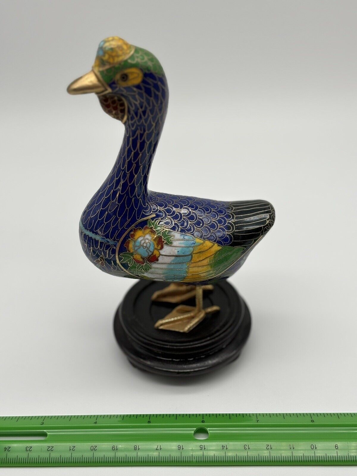 Vintage Cloisonné Navy Blue Goose Figurine Copper With Enamel