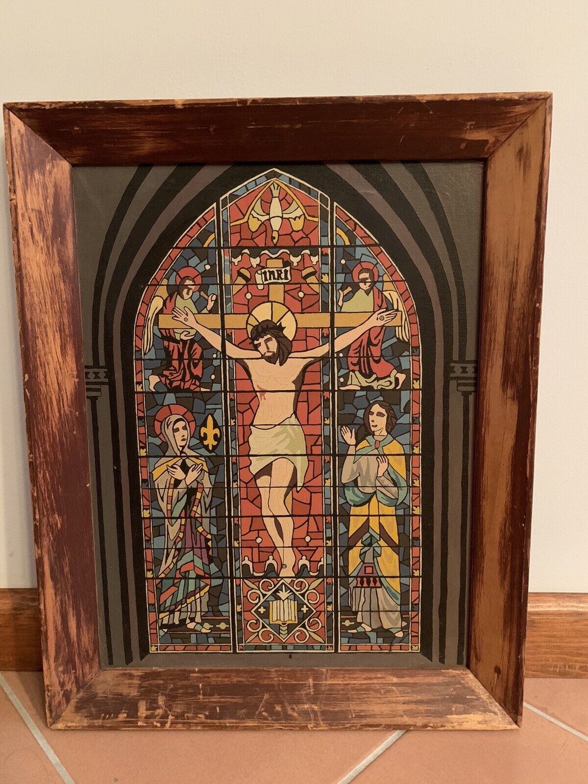 vintage 40’s 50’s religious crucifixtion wood framed painting print 19x15