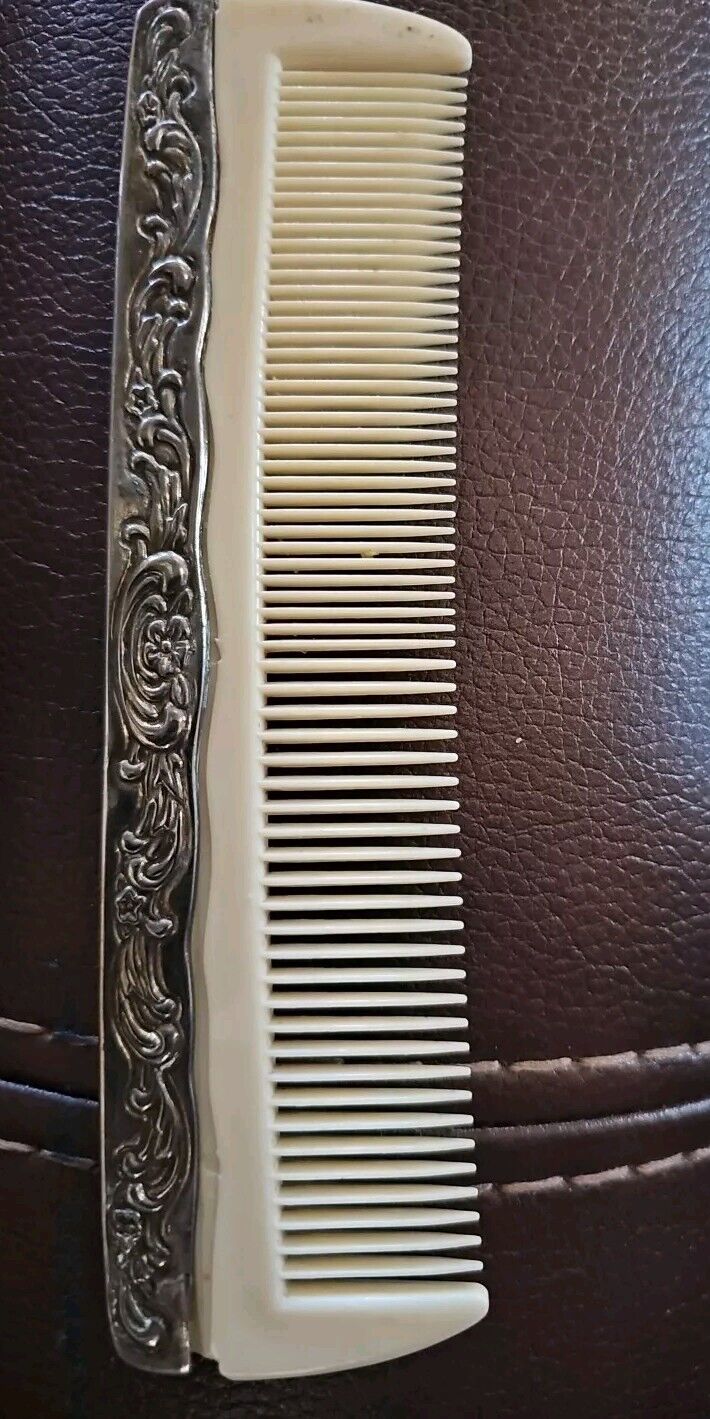 VTG 1970s Silver Plated Antique Vanity Comb With Cream Colored Teeth