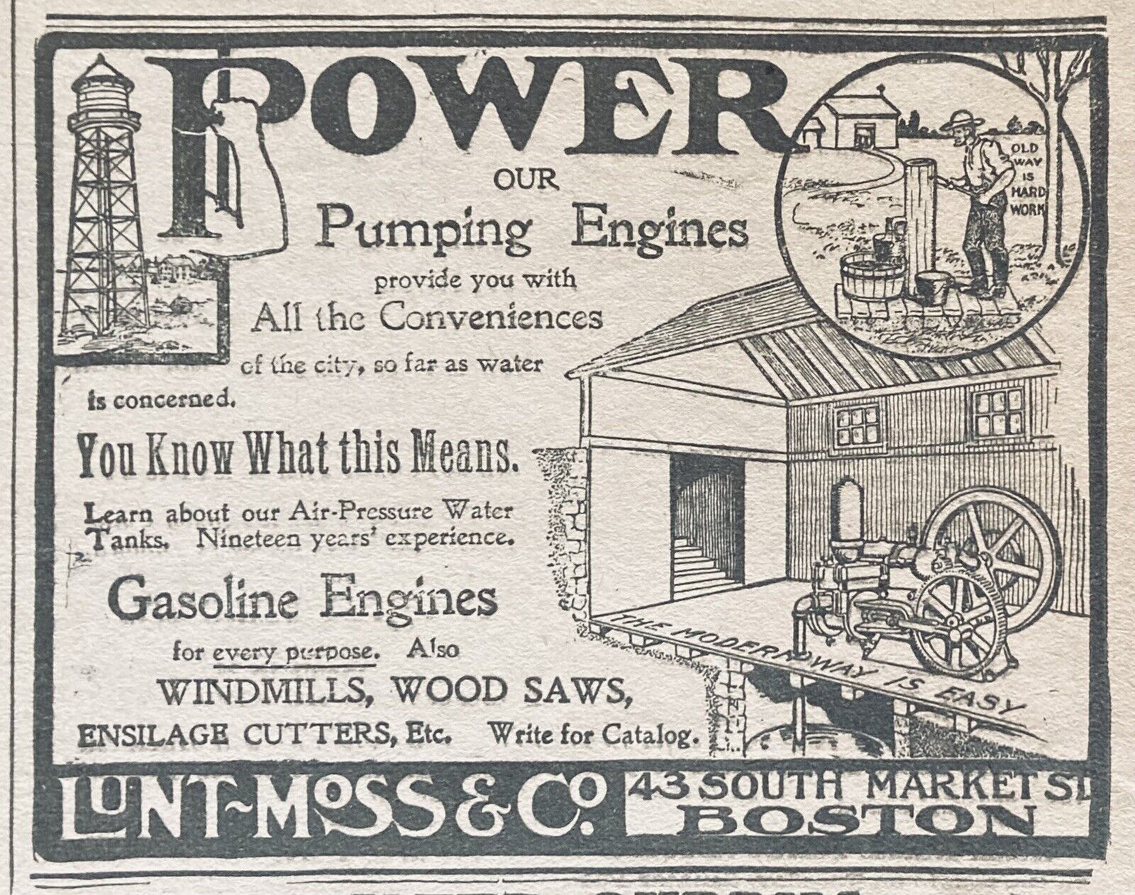 1905 AD.(XH42)~LUNT~MOSS CO. BOSTON. WINDMILLS, WOOD SAWS AND ENGINES