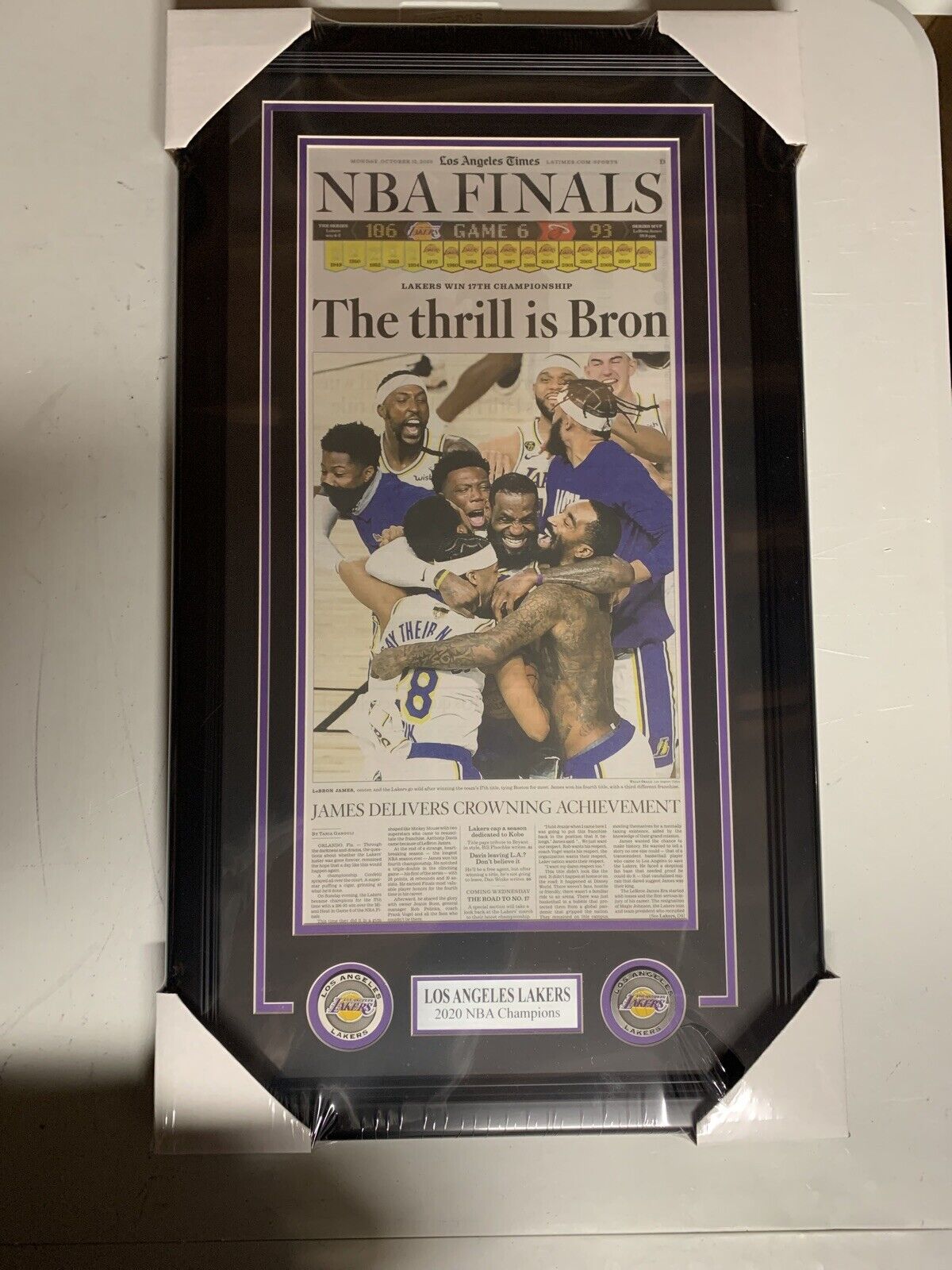 Lakers 2020 NBA Champions Los Angles Times Orignal Newspaper Framed 