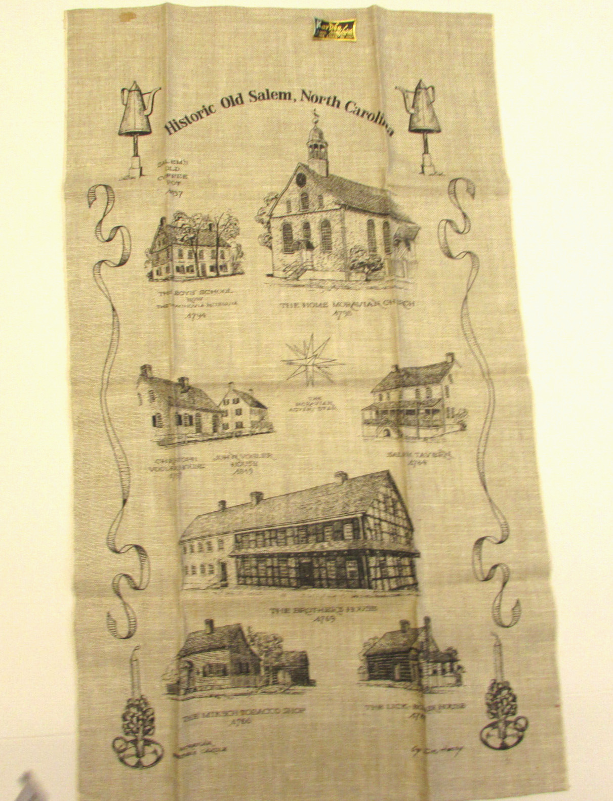 Old Salem North Carolina Linen Kitchen Towel Historic USA by Don Henry 17x29