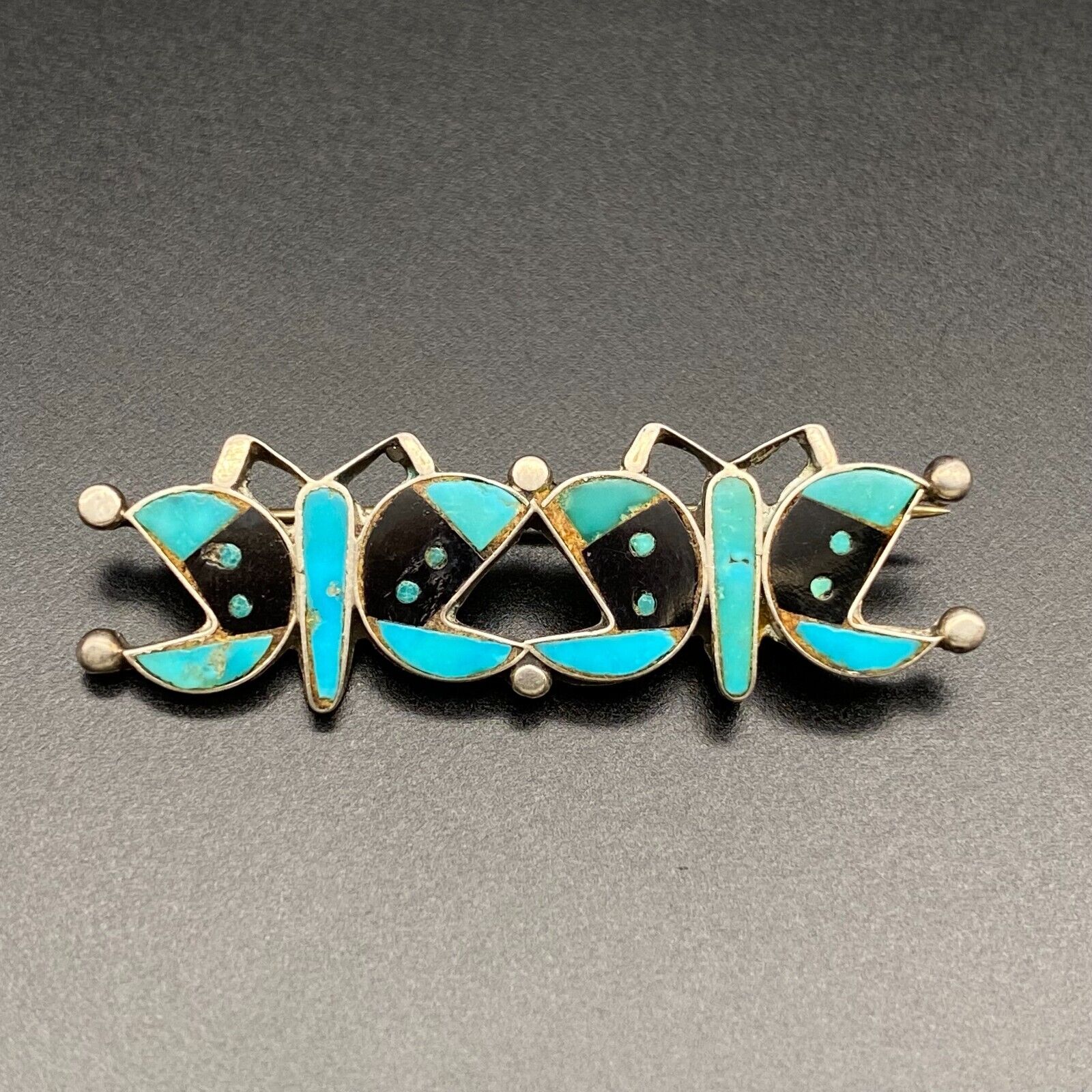 Petite Vintage Zuni Butterfly Turquoise Jet Silver Pin Brooch