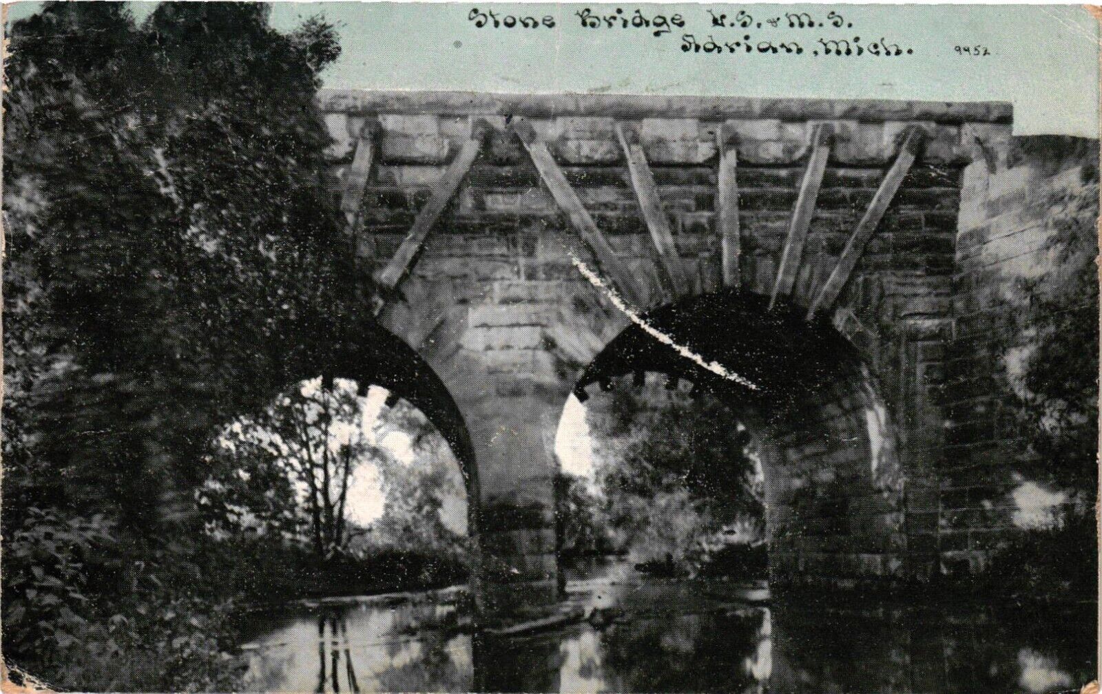 Postcard Railroad Stone Bridge W.S & M.S. Adrian Michigan