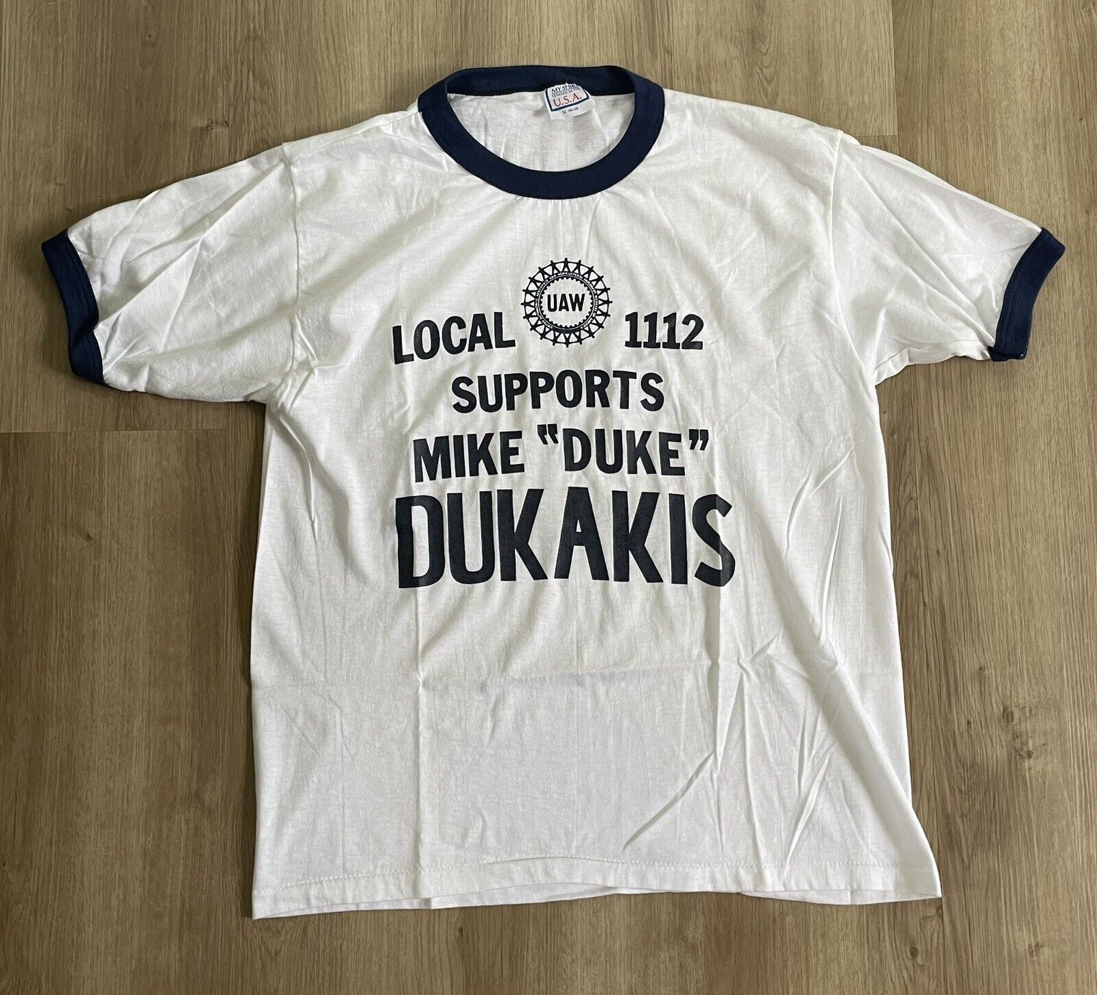 VTG Support Mike Dukakis UAW 1112 T-Shirt XL Local Union Ringer Tee GM Warren,OH