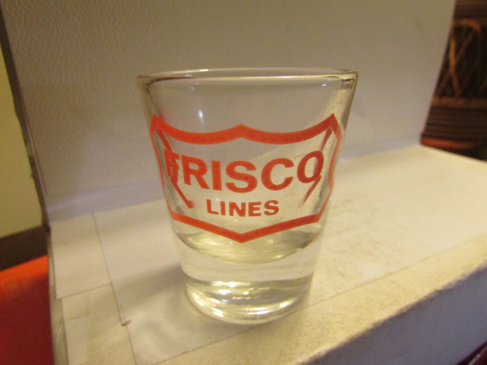 FRISCO LINES-RR-  standard shot glass- logo on clear- new by Libbey